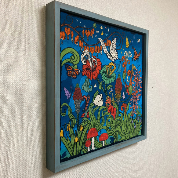 ファブリックパネル　花と蝶の夢　40x40cm　ヴィンテージ加工ウッドフレーム付 2枚目の画像