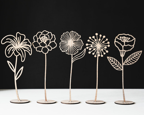 木の花のオブジェ5本セットA スタンド付き レーザーカットで繊細に彫