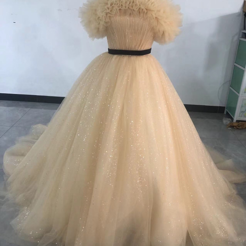 高品質！ウェディングドレス 薄シャンパンの色 オフショルダー 背中  