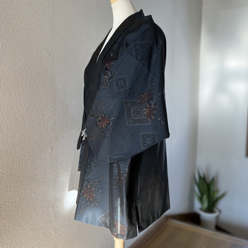 本場大島紬 着物リメイク 作務衣 商標付き 花柄 和のお洒落上衣