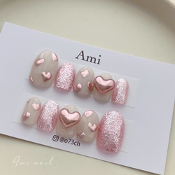 ネイルチップオーダー ミラーネイル ハートネイル ネイルチップ＊ぷっくりハート ミラーハート ピンク ホワイト 乳白色