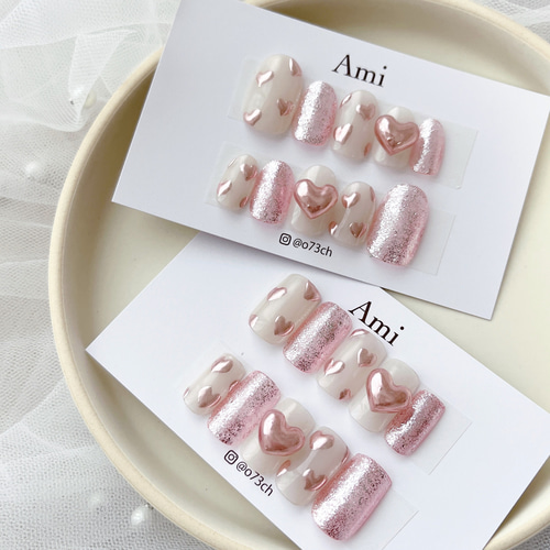 ネイルチップ＊ぷっくりハート ミラーハート ピンク ホワイト 乳白色