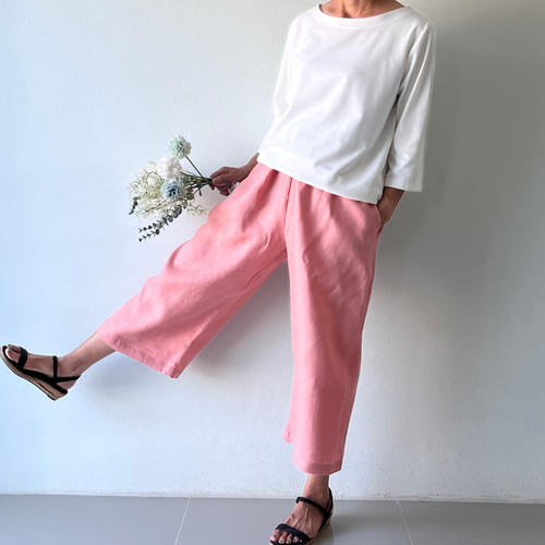 ピーチの涼感ワイドパンツ - 軽やかリネンで、夏をもっと自由に- ゴム