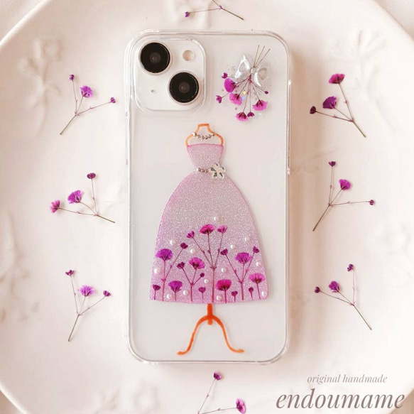 スマホケース　スマホカバー　全機種　iPhone　Android　ドレス　押し花　ドライフラワー　カスミ草 1枚目の画像