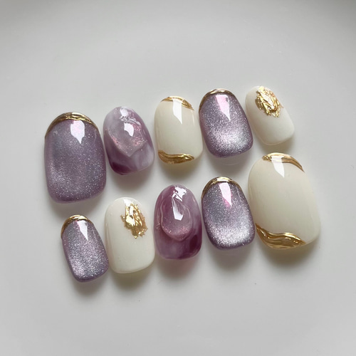 ネイルチップ パープル ぷっくり マグネット ニュアンス 夏 梅雨