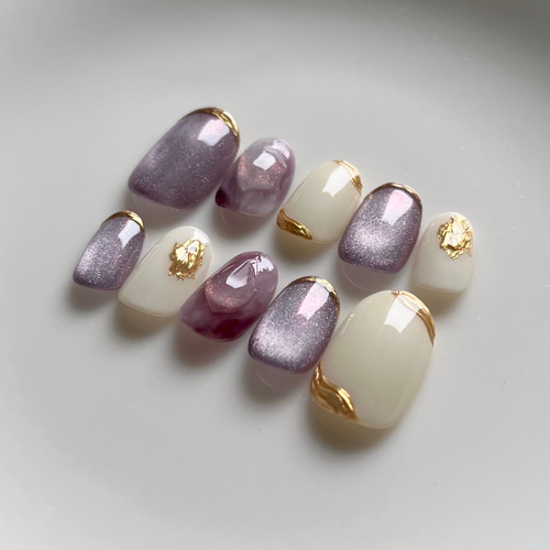 ネイルチップ パープル ぷっくり マグネット ニュアンス 夏 梅雨