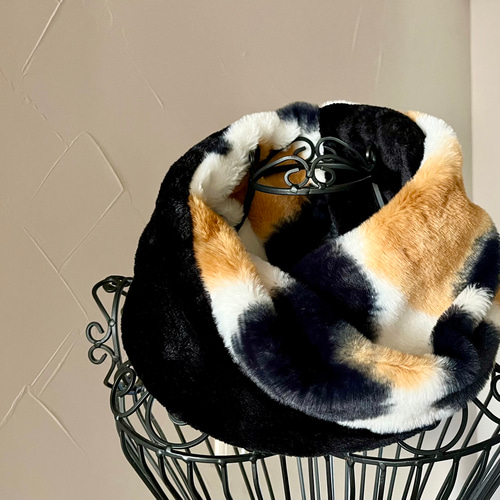 ハンドメイド　ネックウォーマー　スヌード　三毛猫　ボア　No.21 にゃんとも可愛い♡三毛猫プレミアムボアネックウォーマースヌード