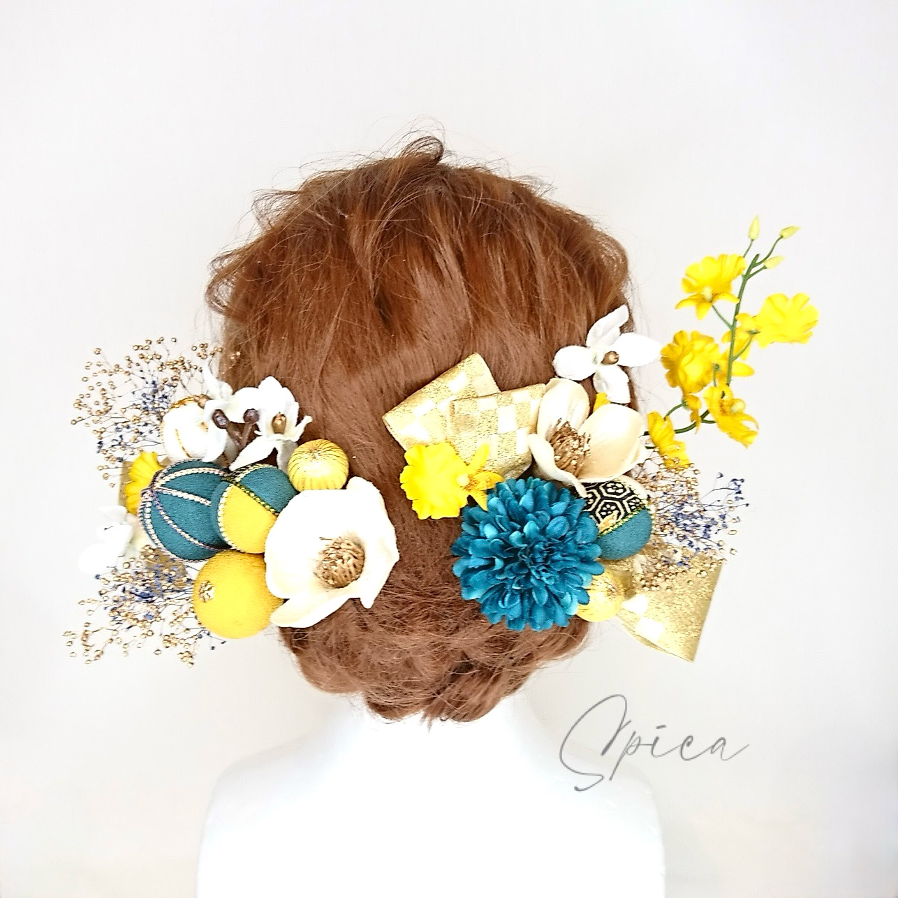 【一点限定】ちりめん玉と椿とリボンのヘッドドレス 和装 卒業式 成人式 造花 ブルーグリーン イエロー 袴 打掛 七五三