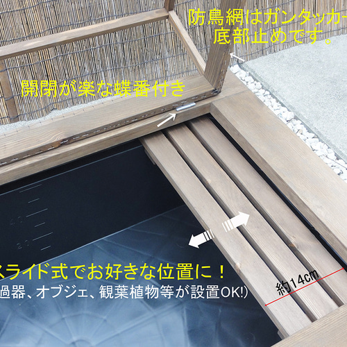ビオトープ 60L トロ舟&木枠セット(棚付き・3D型防鳥網付き ビオトープ 60L トロ舟&木枠セット(棚付き・3D型防鳥網付き
