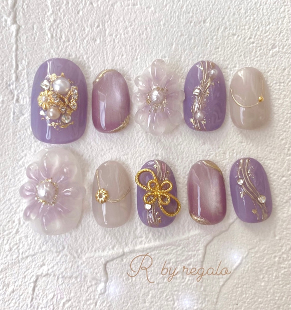 no.⑧④ 成人式 卒業式 和装ネイル 蝶々 くすみ紫 グレー 水引き  