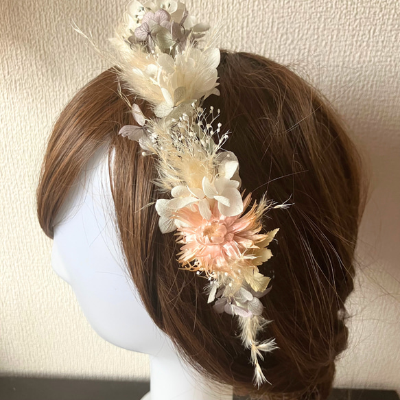 フラワーカチューシャ　花冠　ヘアアクセサリー　パンパスグラス　ナチュラル　エアリー　結婚式　卒業式　 4枚目の画像