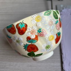 茶道具 抹茶茶碗 桃形 桃の花 絵、京焼 秋峰窯 中村良二作
