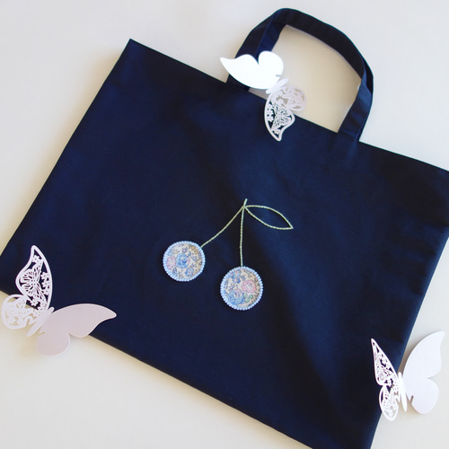 レッスンバッグ さくらんぼ 刺繍 ネイビー リバティ チェリー 女の子