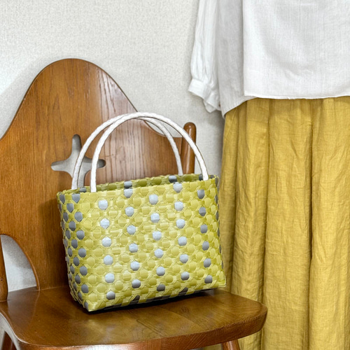 ☆手提げ型プラカゴ☆ 水玉（シトロングリーン／シルバー） かご