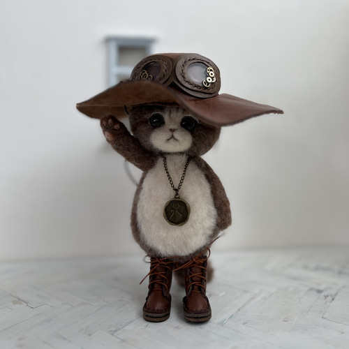 カウボーイハットのごーぐるにゃんこ ぬいぐるみ 羊毛フェルト 羊毛