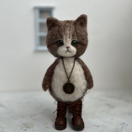 カウボーイハットのごーぐるにゃんこ ぬいぐるみ 羊毛フェルト 羊毛