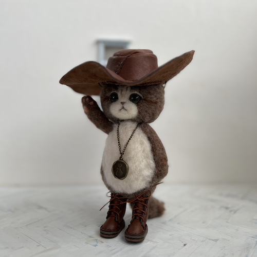 カウボーイハットのごーぐるにゃんこ ぬいぐるみ 羊毛フェルト 羊毛