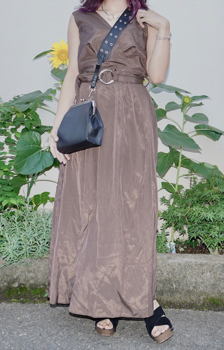 Silky Nosleeve Onepiece (brown) *with Belt ロング丈ワンピース ブラウン 茶色