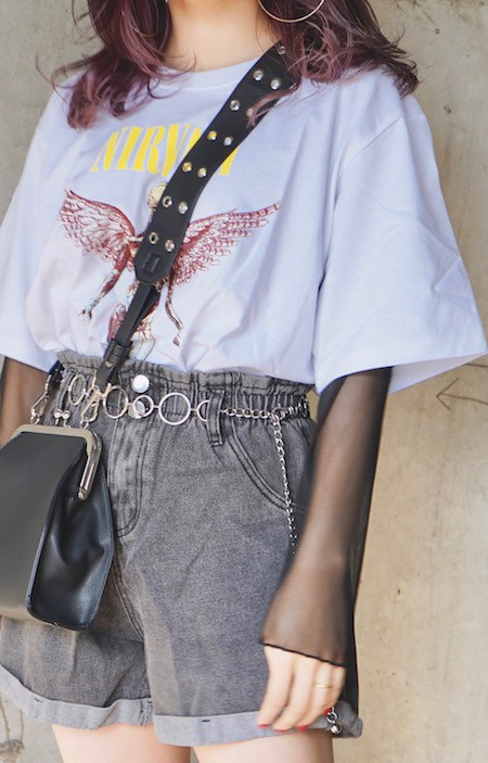 High Waist Roll-up Denim Short Pants (black) ショートパンツ グレー 灰色