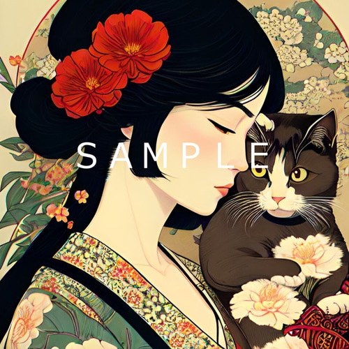 猫と女性と花(オリジナルイラスト)A4 №s-3337 イラスト shizennokaze