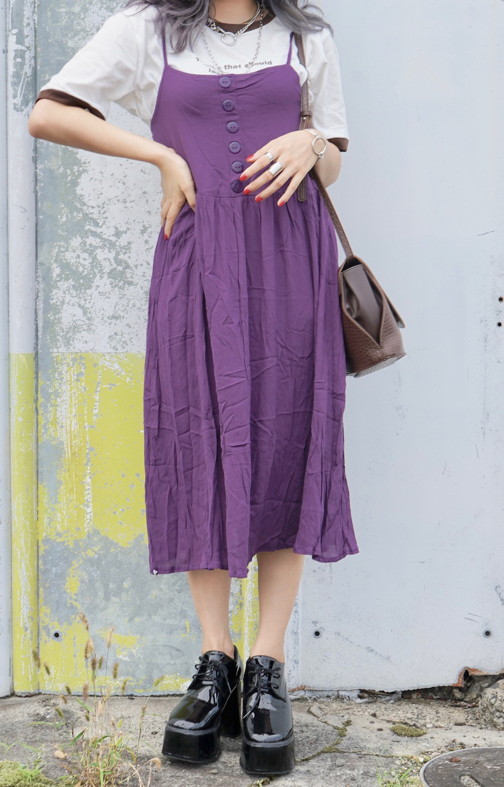 Button Design Cami-onepiece (purple) ロング丈ワンピース パープル 紫 カジュアル