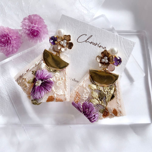 purple flower & インド刺繍リボン イヤリング／ピアス