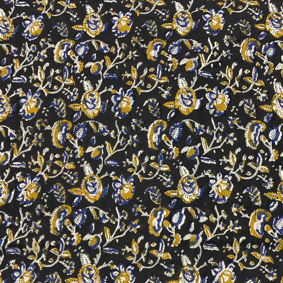 【50cm單位】黑藍黃花印度手工塊印花布料棉質 第5張的照片