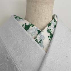 半衿 ダマスク 刺繍のコットンレース 花 水色 緑 半襟 洗える 綿レース 2枚目の画像