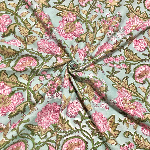 【50cm單位】暗綠色粉紅花綠葉印度手工塊印花布料棉質 第1張的照片