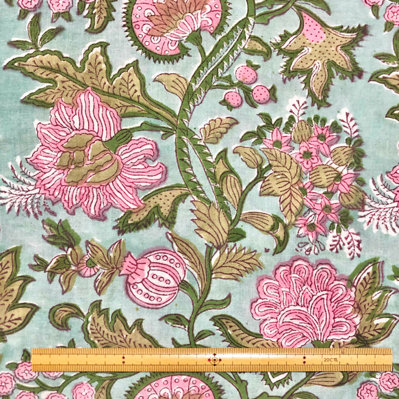【50cm單位】暗綠色粉紅花綠葉印度手工塊印花布料棉質 第6張的照片