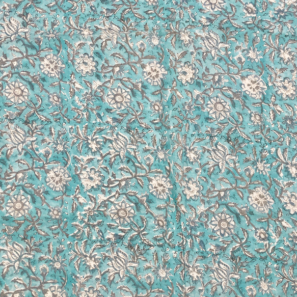 【50cm單位】淺藍灰色白花印度手工塊印花布料棉質 第4張的照片