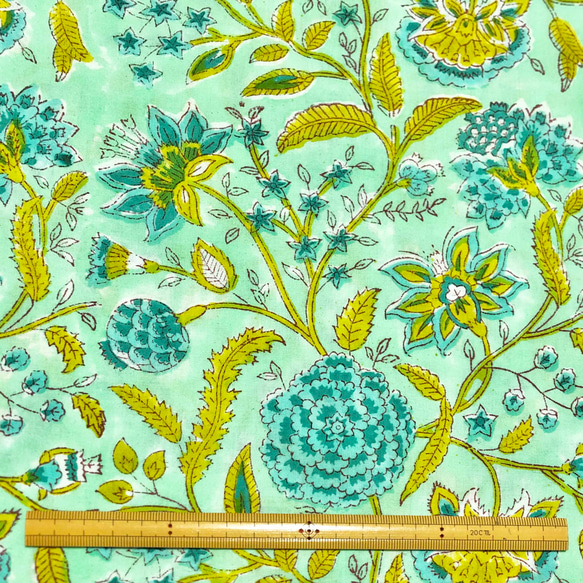 【50cm單位】淺綠色藍花印度手工塊印花布料棉質 第6張的照片