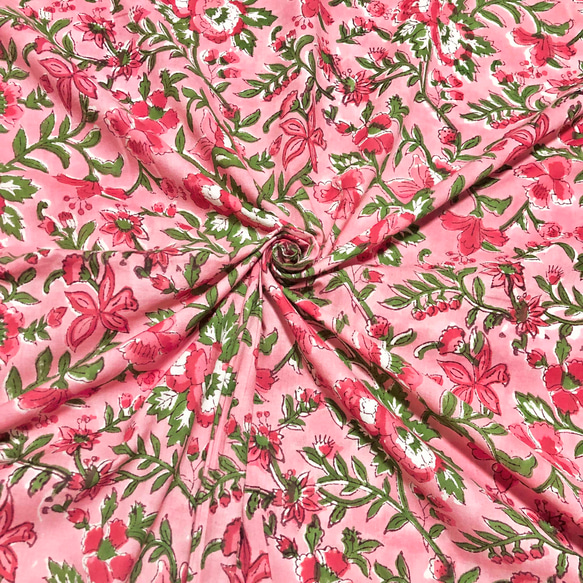 【50cm單位】粉紅色花朵印度手工塊印花布料棉質 第1張的照片