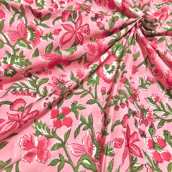 【50cm單位】粉紅色花朵印度手工塊印花布料棉質 第2張的照片