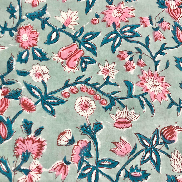 【50cm單位】暗淡淺藍色粉紅色花朵印度手工塊印花布料棉質 第2張的照片