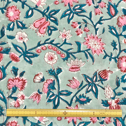 【50cm單位】暗淡淺藍色粉紅色花朵印度手工塊印花布料棉質 第6張的照片
