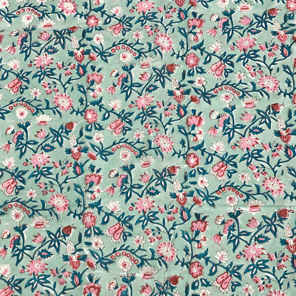 【50cm單位】暗淡淺藍色粉紅色花朵印度手工塊印花布料棉質 第4張的照片