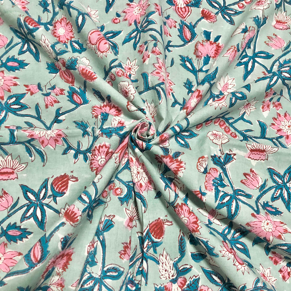 【50cm單位】暗淡淺藍色粉紅色花朵印度手工塊印花布料棉質 第1張的照片