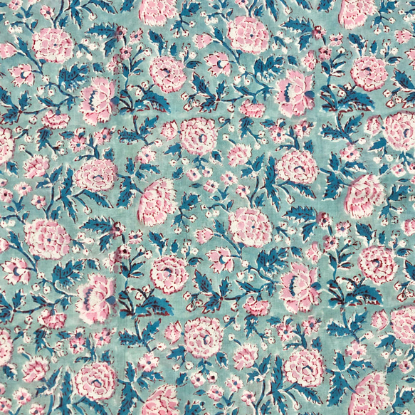 【50cm單位】暗天藍色粉紅花朵印度手工塊印花布料棉質 第3張的照片