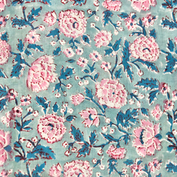 【50cm單位】暗天藍色粉紅花朵印度手工塊印花布料棉質 第2張的照片