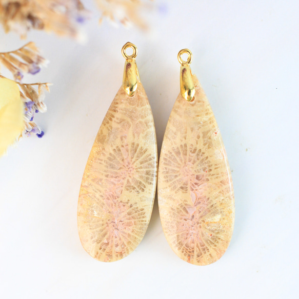 ひまわりフォッシルコーラル レクタングルピアス フォッシルコーラル ピンク花 2-3.5億年前の有機宝石 耳飾り ピアス