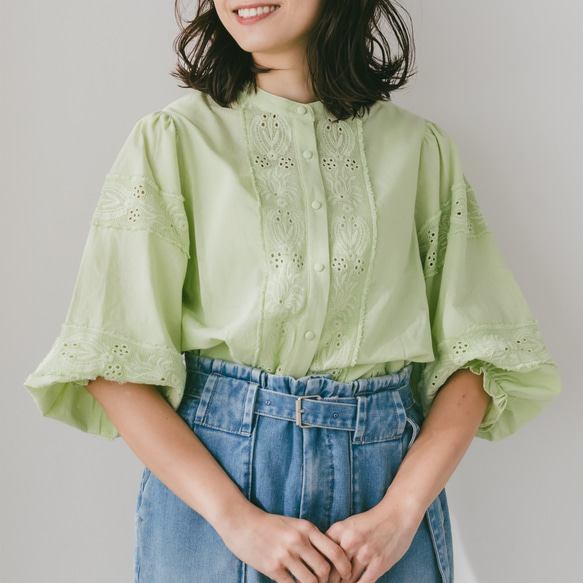 限定色「春色」ペールグリーン　Cotton　lace　balloonsleeve　blouse 8枚目の画像