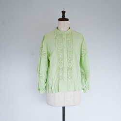 限定色「春色」ペールグリーン　Cotton　lace　balloonsleeve　blouse 17枚目の画像