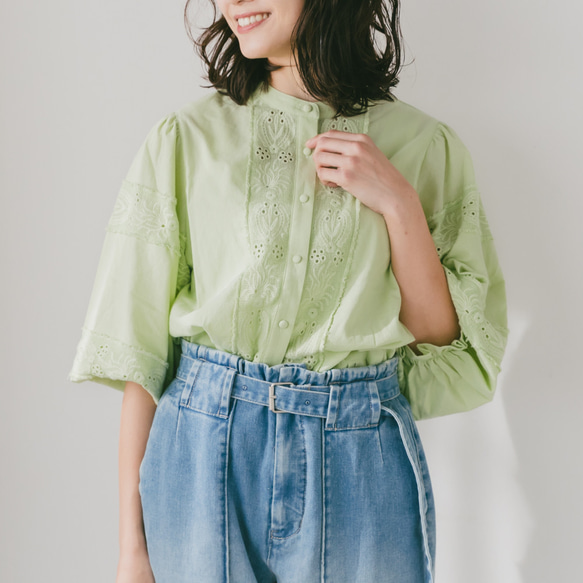 限定色「春色」ペールグリーン　Cotton　lace　balloonsleeve　blouse 7枚目の画像