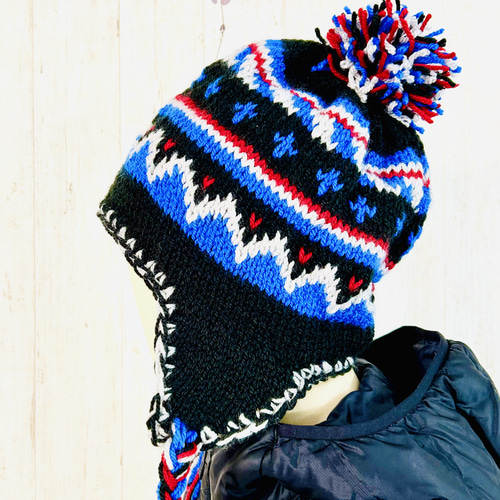 受注制作】耳あて付ニット帽（男性サイズ）⁂ブラック×ブルー） ニット