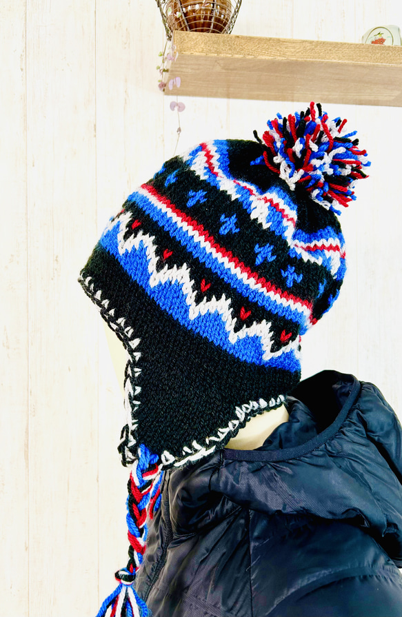 受注制作】耳あて付ニット帽（男性サイズ）⁂ブラック×ブルー） ニット