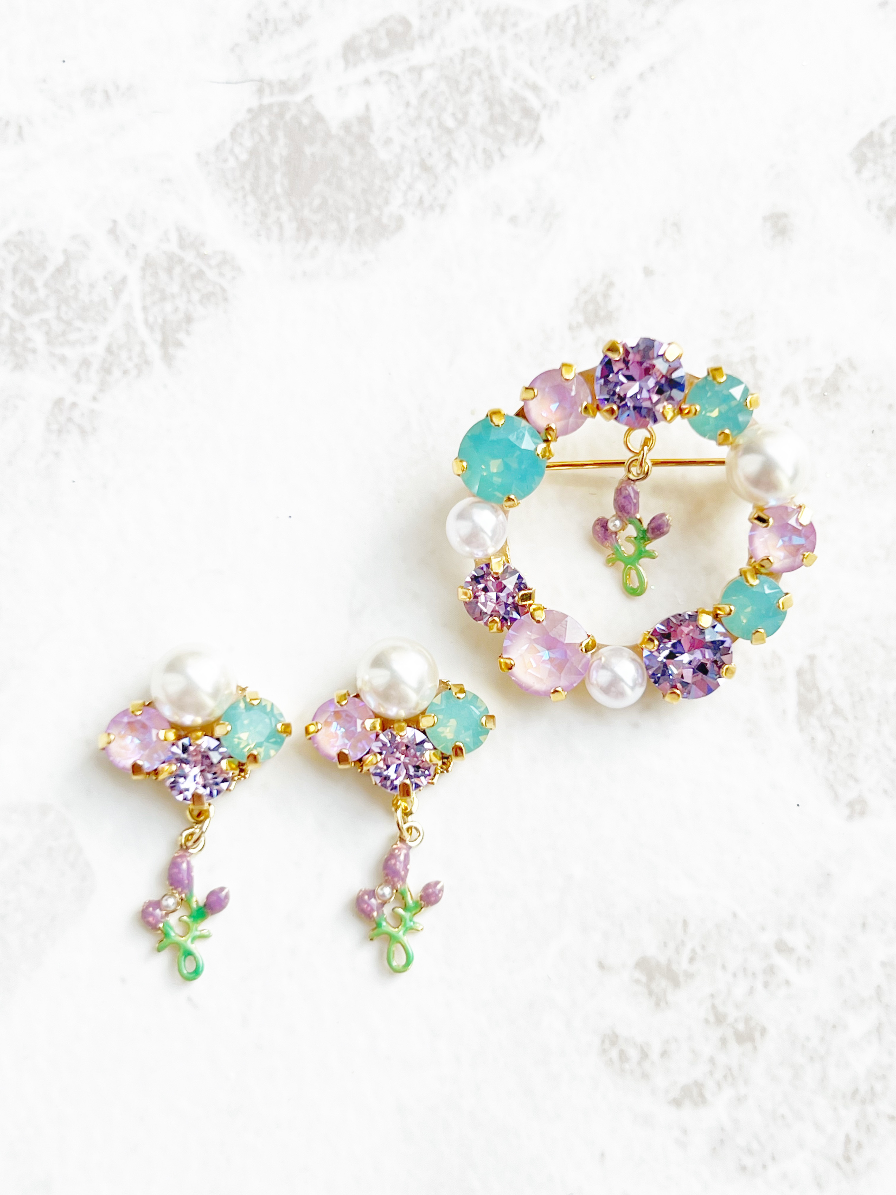 【ギフトボックス付/送料無料】2点セット ブローチ ピアス イヤリング ラベンダー ネックレス 帯留め 春色 ラベンダー