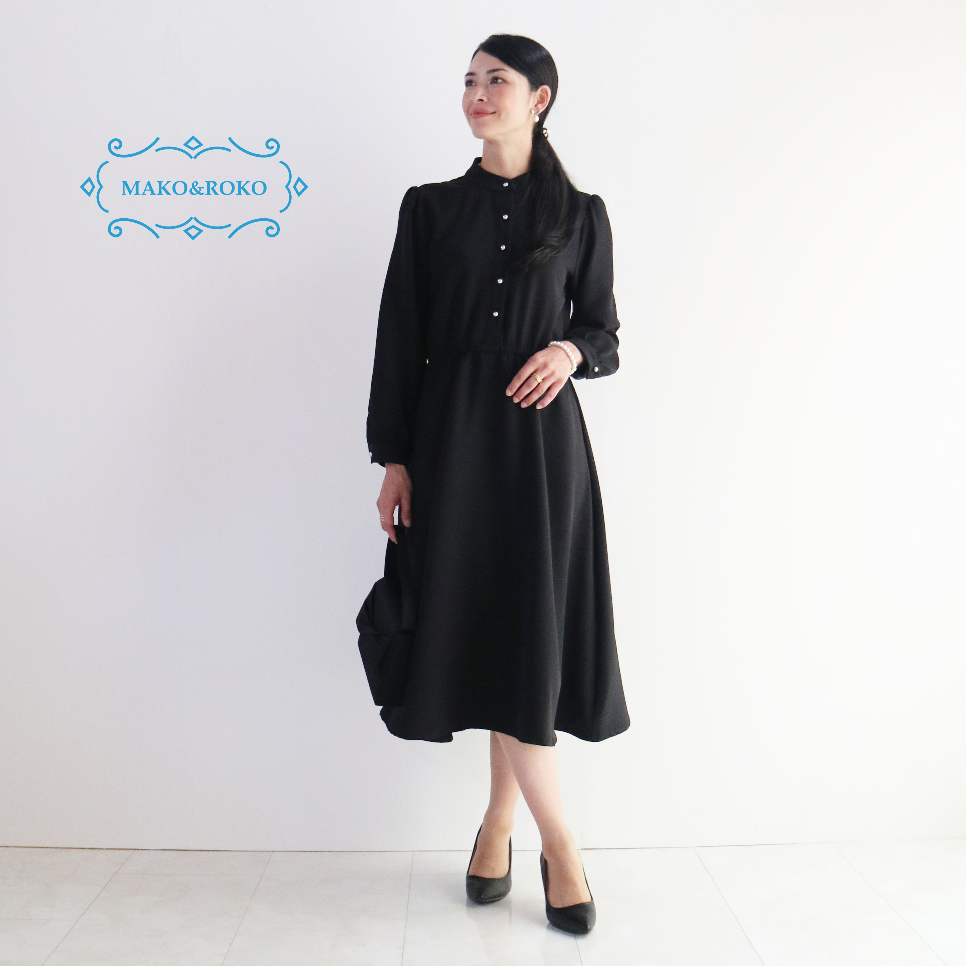 フォーマル【ブラック】洗えるダブルジョーゼットパフスリーブスタンドカラーワンピース♥