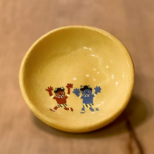 2024年節分 楽入窯製〚赤鬼青鬼〛豆皿 楽焼 手描き 立春 薬味皿・豆皿