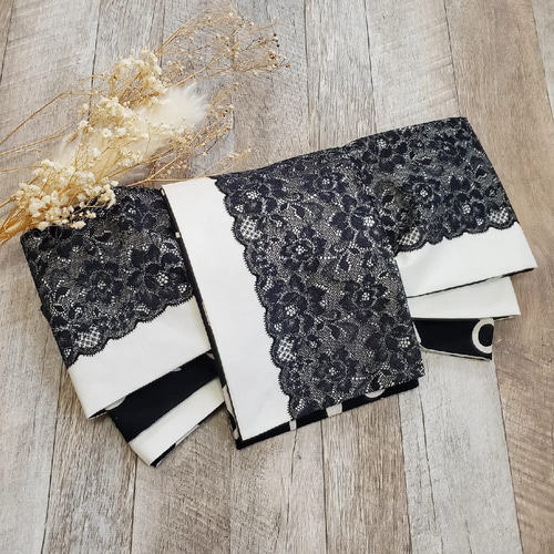 レース半幅帯】バラレースと音符のダンス/アイボリー 黒 音楽 生成  